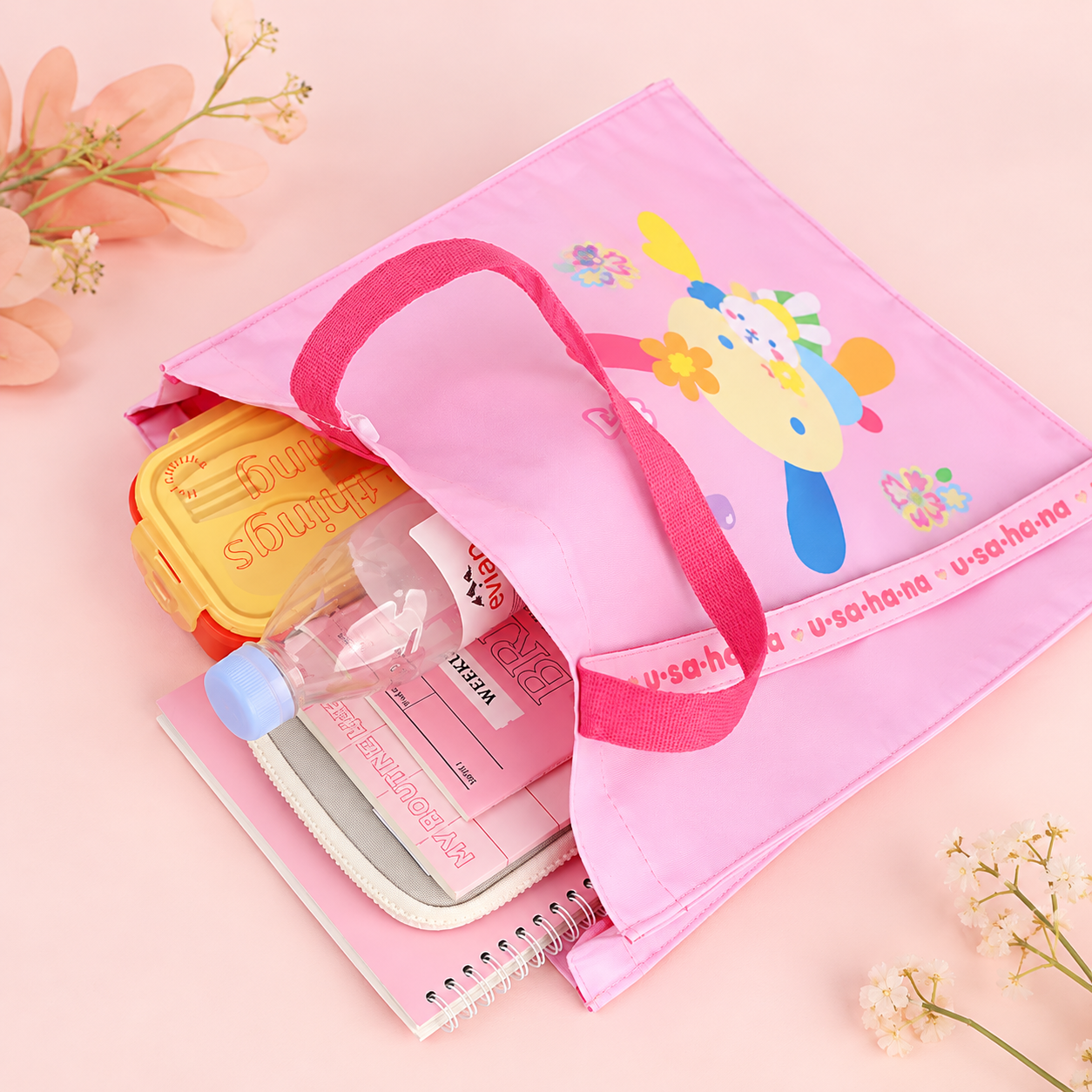 우사하나 스트랩 포인트 에코백 M_라이트핑크